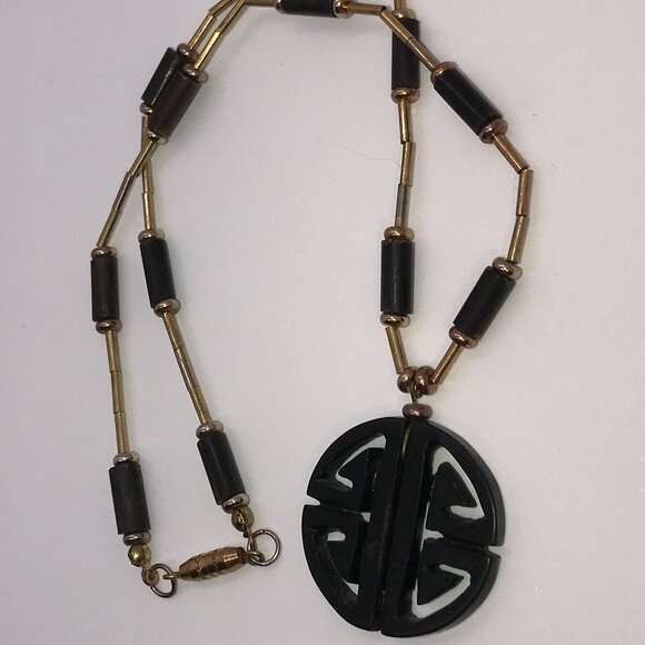 15 1/2" Black and Gold Wooden Necklace - Picture 4 of 4